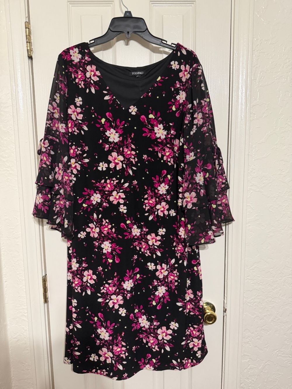Roz & Ali Black Midi Dress with Pink Floral Print